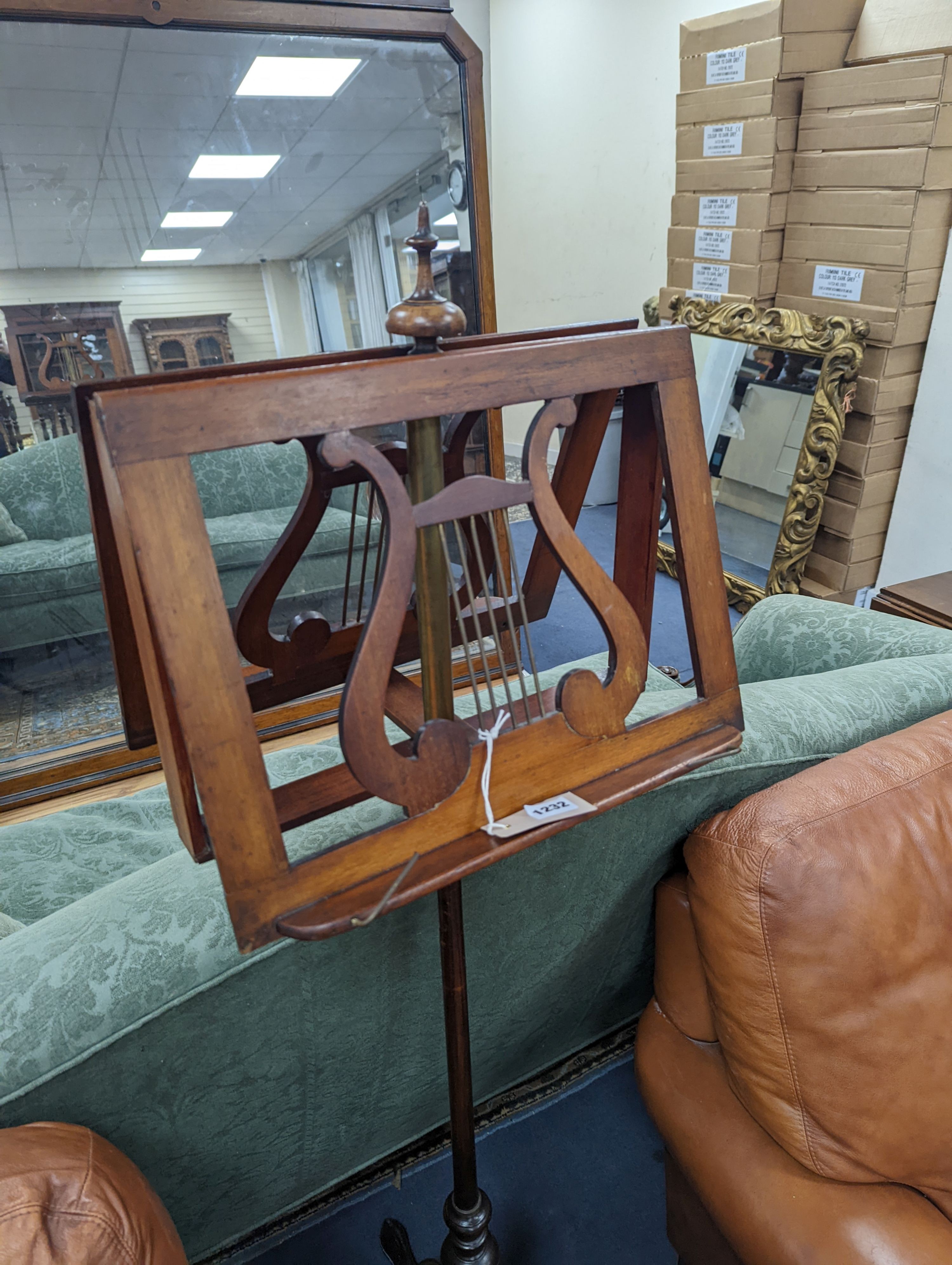 A Victorian mahogany tripod duet music stand, height 145cm